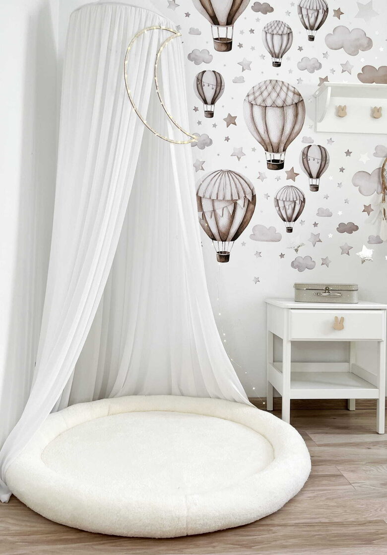 Bērnu rotaļu paklājiņš ar mīkstu malu no plīša auduma – Nest kolekcija, Ecru, Ø110 cm